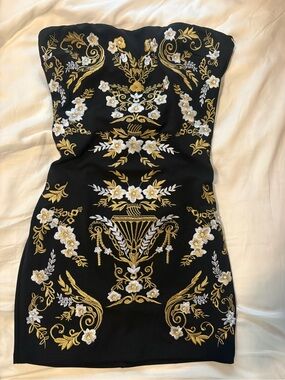 Black Strapless Mini Dress with Gold & White Floral Embroidery